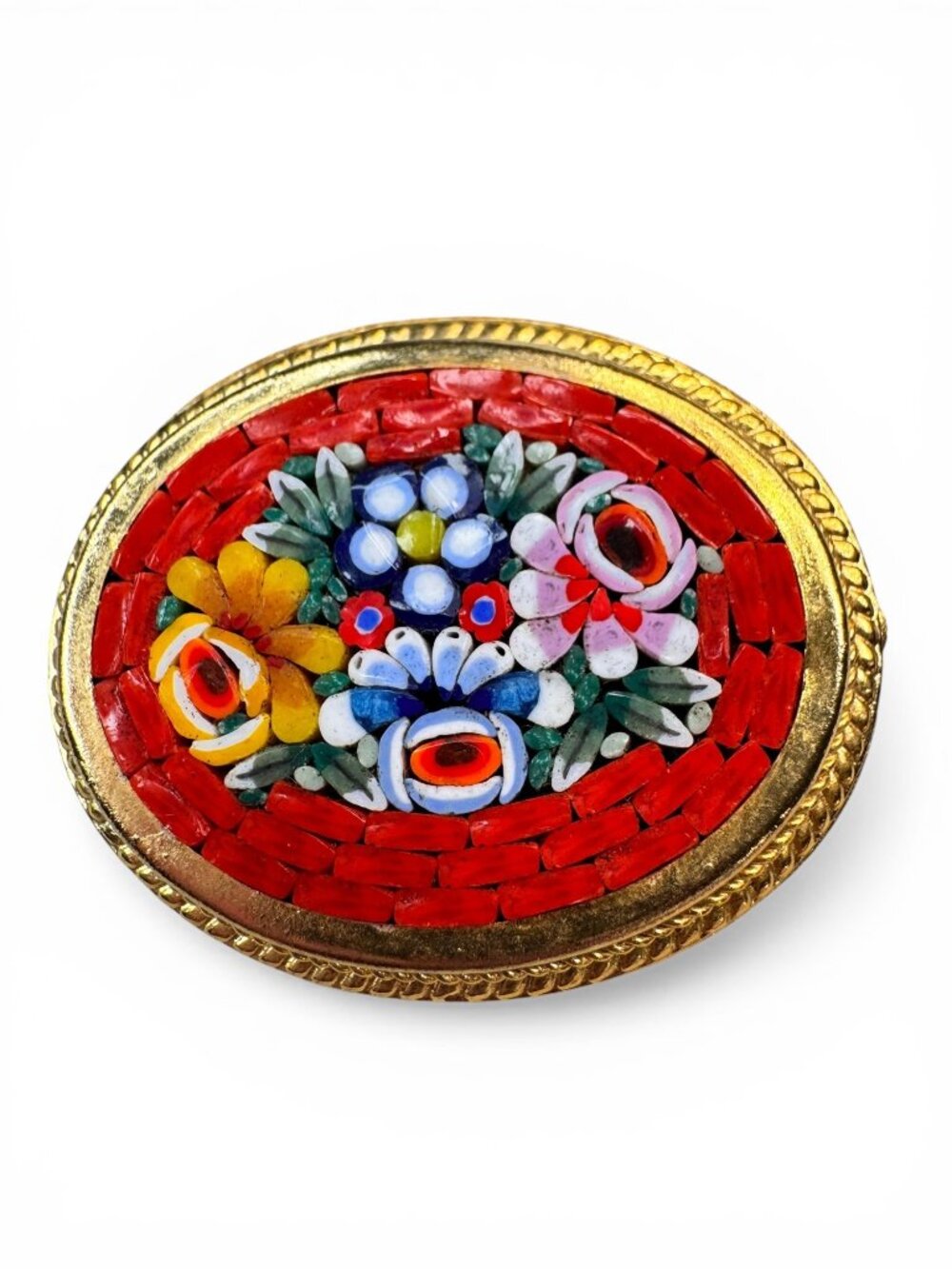Floral Mosaic Oval Brooch Glass Tile Inlay Gold Tone 1960s Vintage - Picture 5 of 5